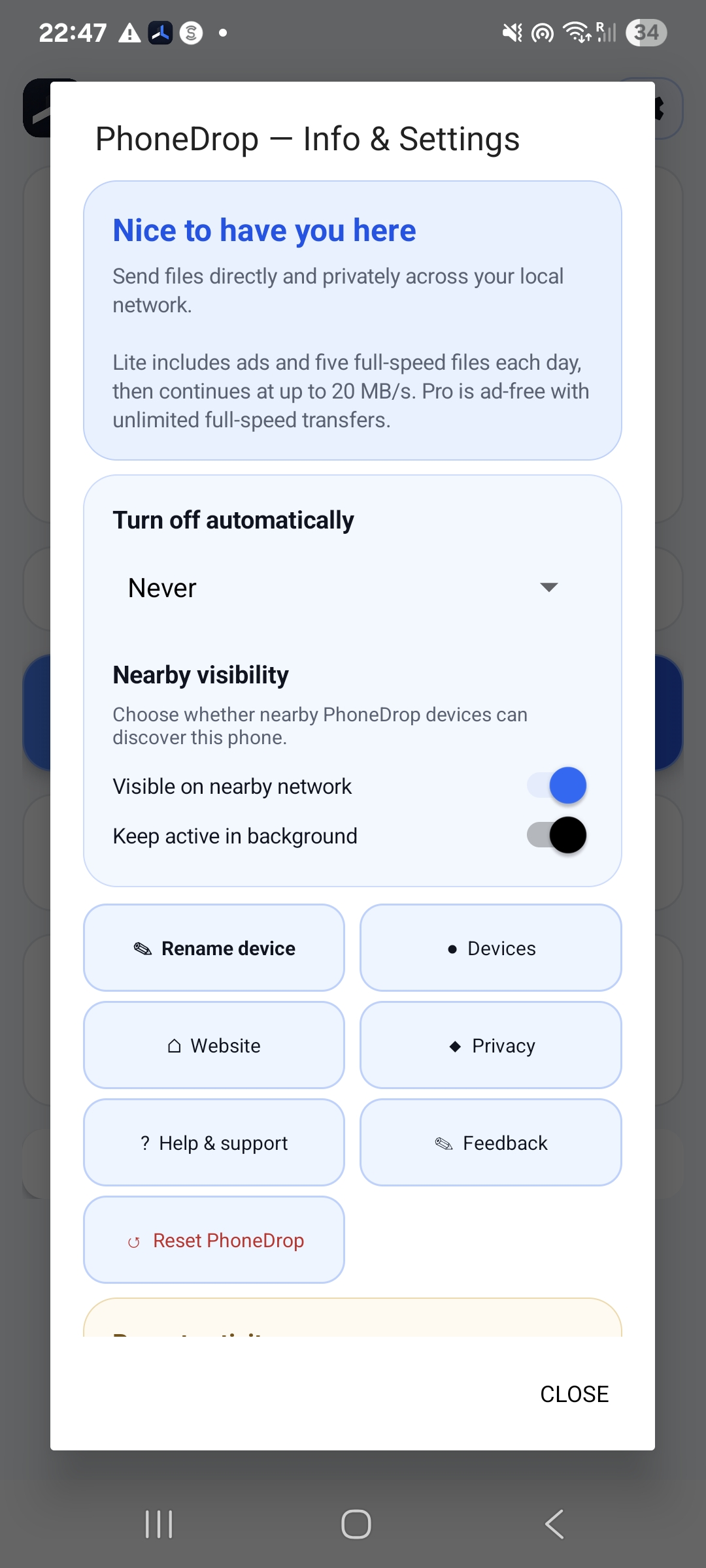 PhoneDrop settings
